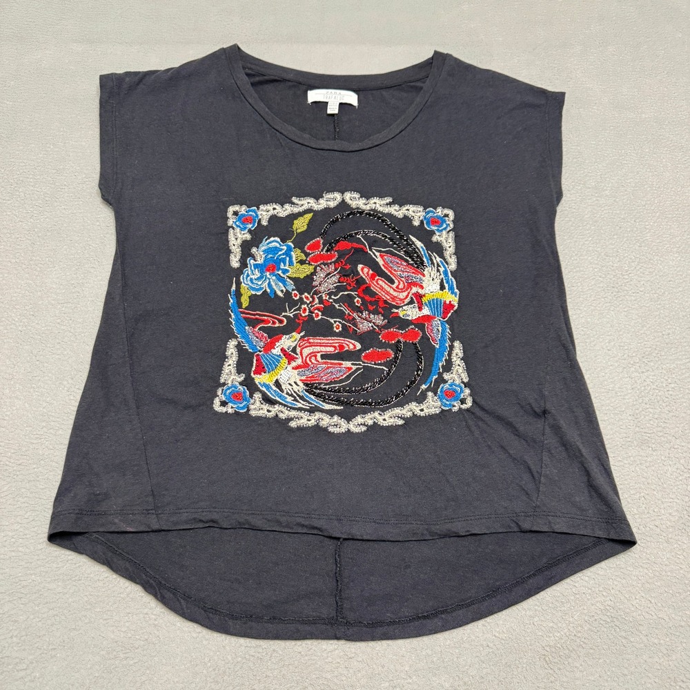 Zara Trafaluc T Shirt Womens S Black Embroidered Bird High Low Hem Boho Top
